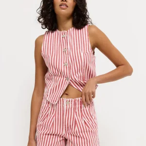 Red Stripe Pleat Front Denim Shorts