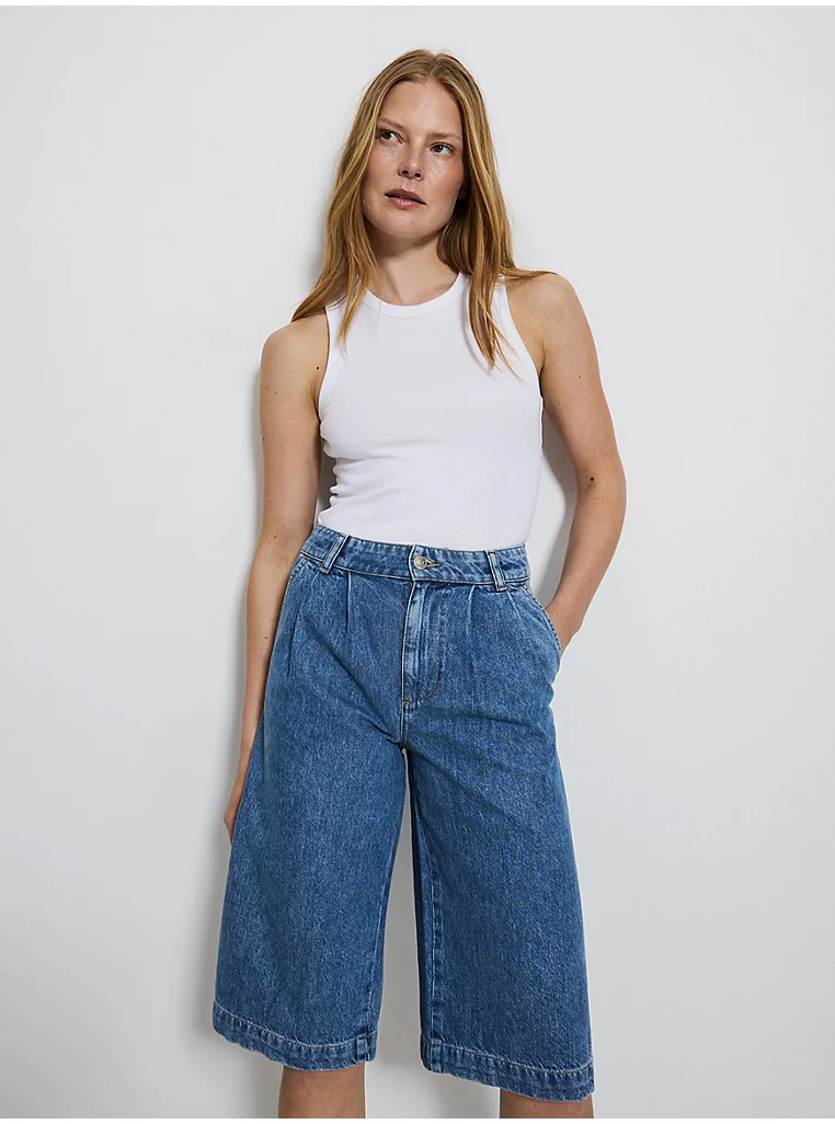 Blue Denim Pleat Front Bermuda Shorts